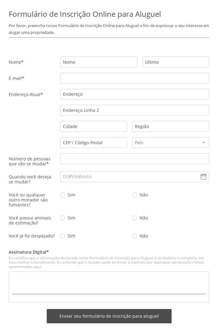 Formulário de Inscrição Online para Aluguel