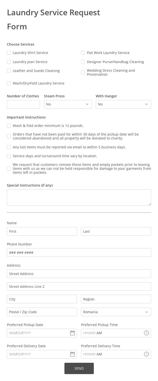 Online Laundry Service Request Form Template  20 Form Builder Within laundry service agreement template