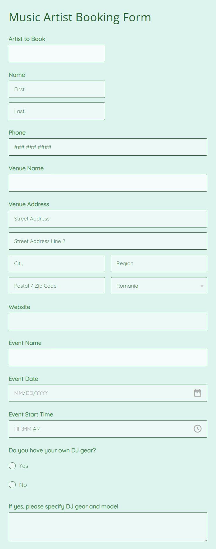 Free Music Artist Booking Form Template 123FormBuilder