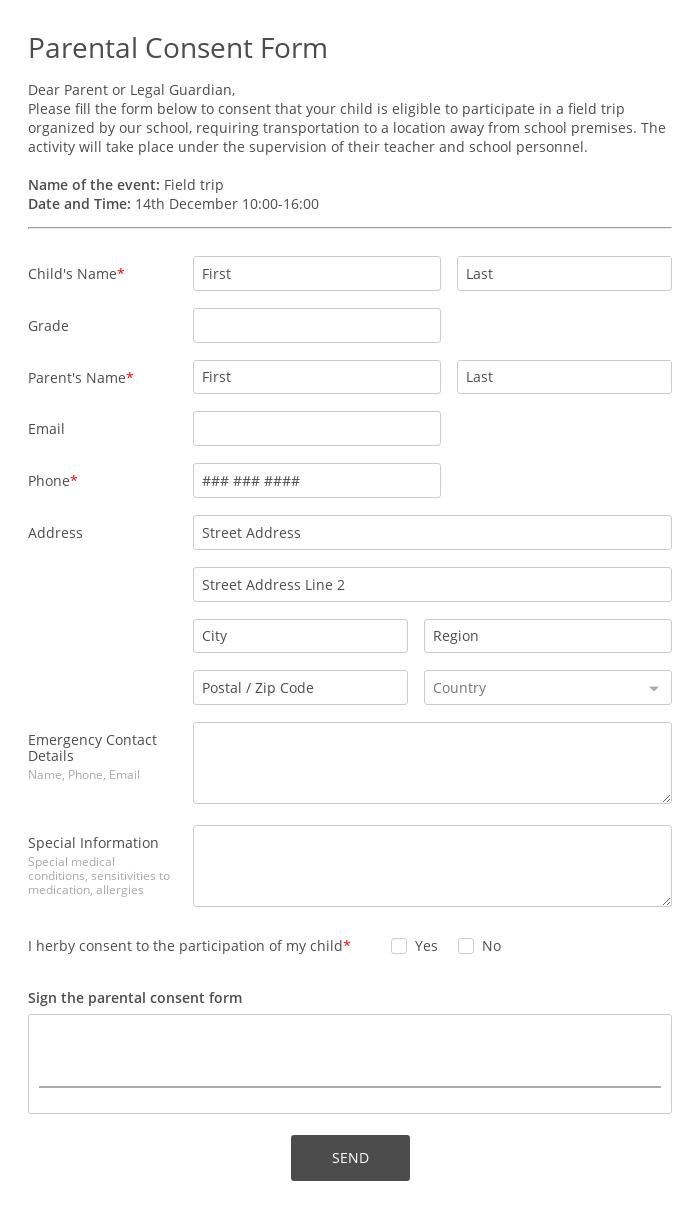 Parental Consent Form Template By 123 Form Builder