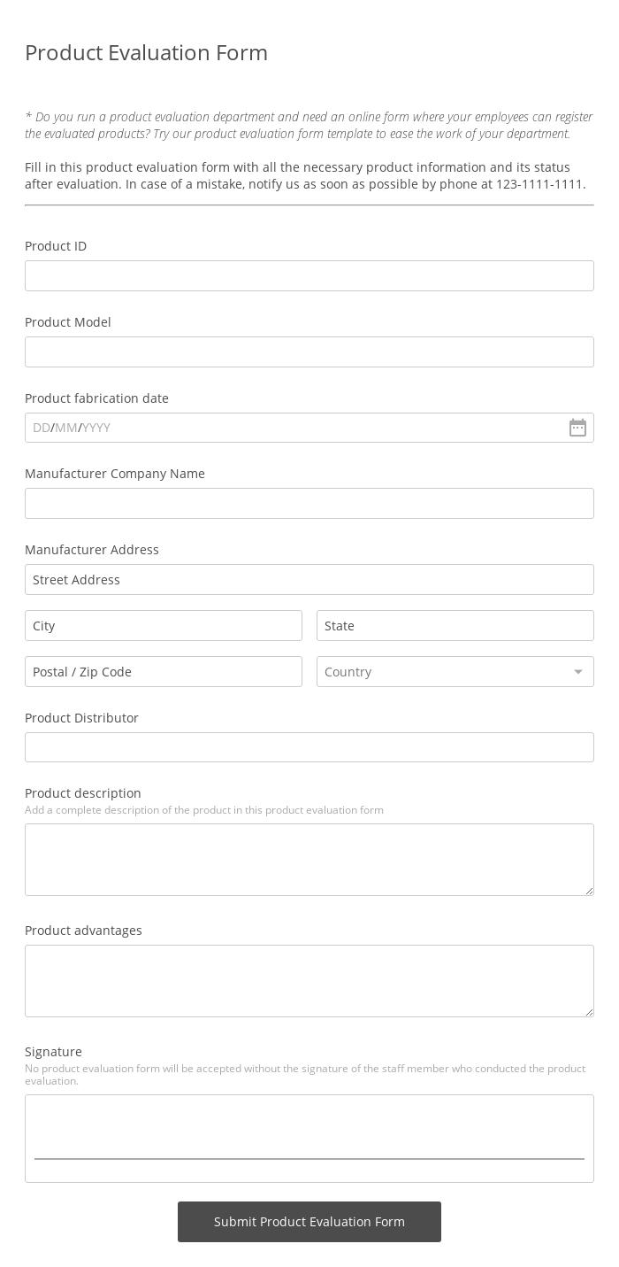 Product Evaluation Form Template Free 123 Form Builder