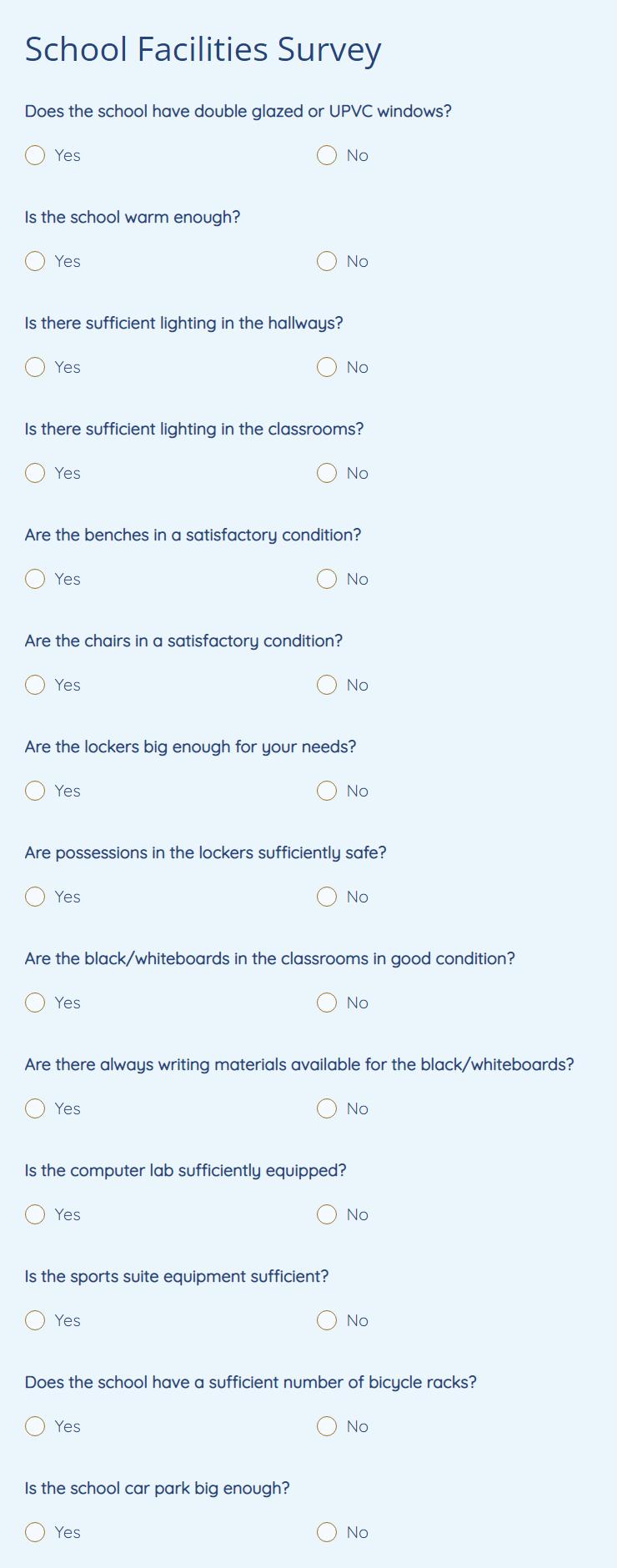 research questionnaire about school facilities