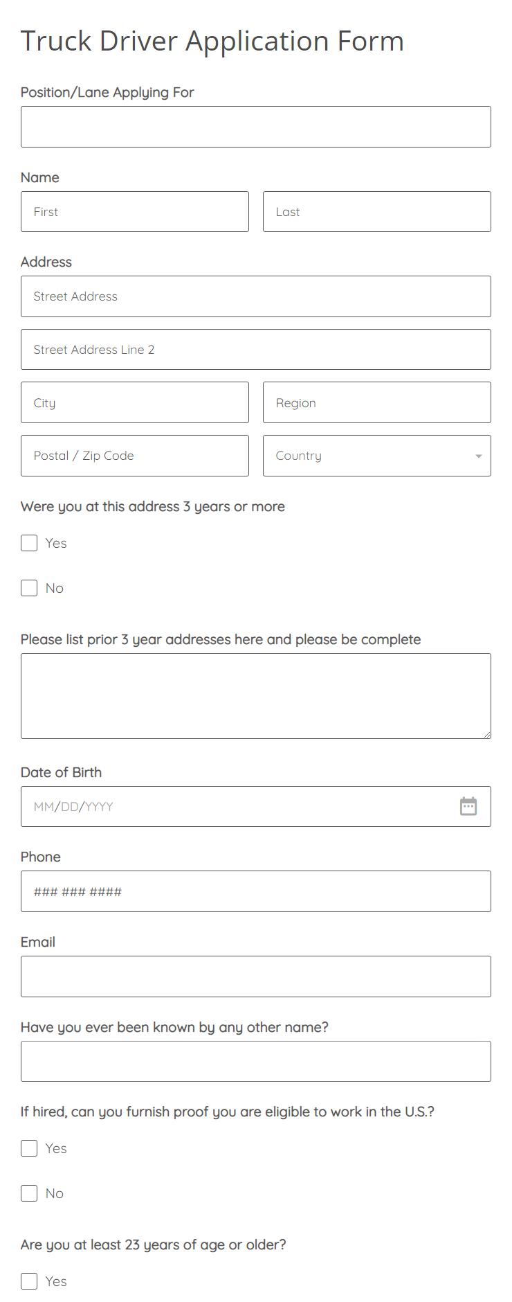 Truck Driver Application Form Template