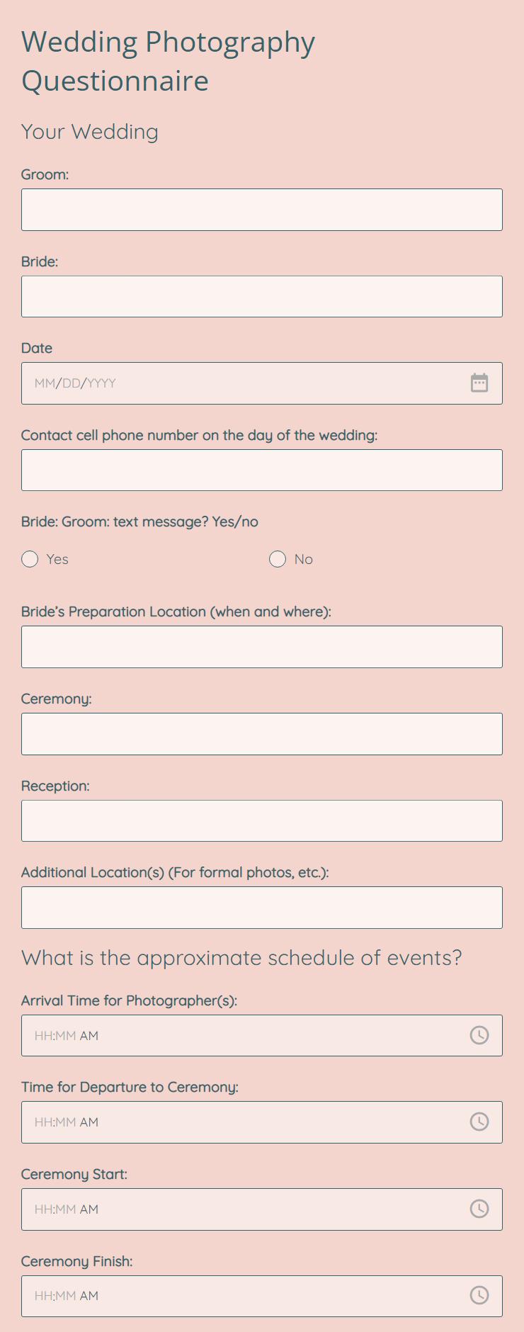 Wedding Photographer Questionnaire Template prntbl