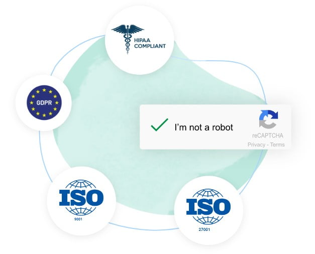 Image showing online form security measures like GDPR, Hipaa compliance, ISO 9001, ISO 27001 and Captcha verification.