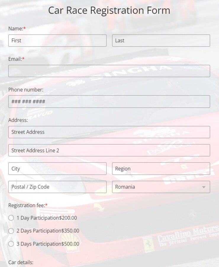 Free Car Race Registration Form Template 123FormBuilder