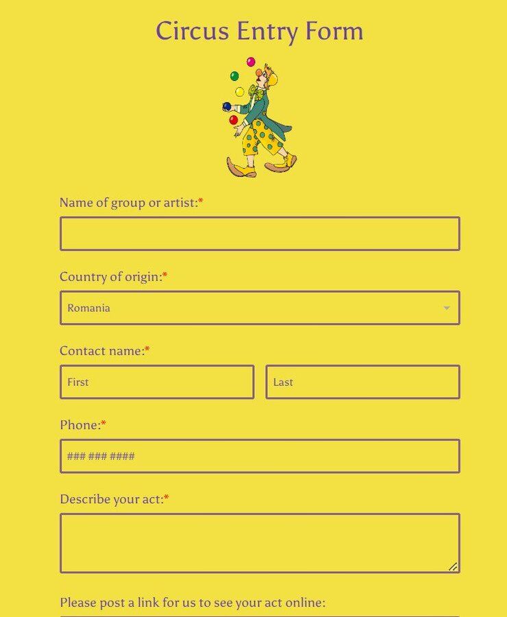 Free Online Circus Entry Form Template | 123FormBuilder
