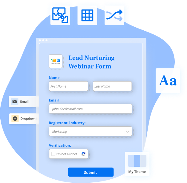 Image showing a lead nurturing webinar form with multiple features like form theme customization, form integrations, data reports and dynamic forms.