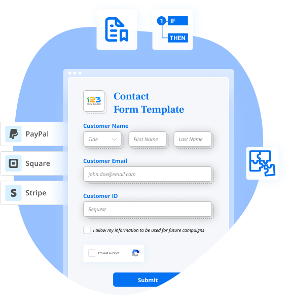 Image showing a contact form template with multiple features like PayPal integration, Square Integration, Stripe Integration, 3rd party integrations, save for later option, and conditional logic.