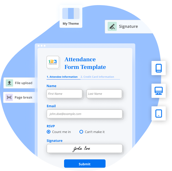 Attendance form template with multiple features like e-signature, file upload, page break, web responsiveness and theme customization