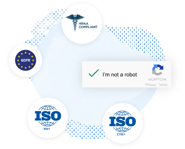 Image showing online form security measures like GDPR, Hipaa compliance, ISO 9001, ISO 27001 and Captcha verification.