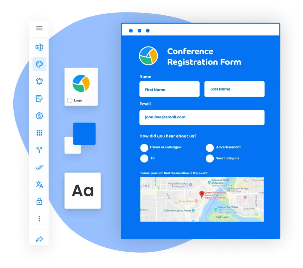 Image showing a conference registration form template with multiple customization options like themes, logo, colors, typography. 