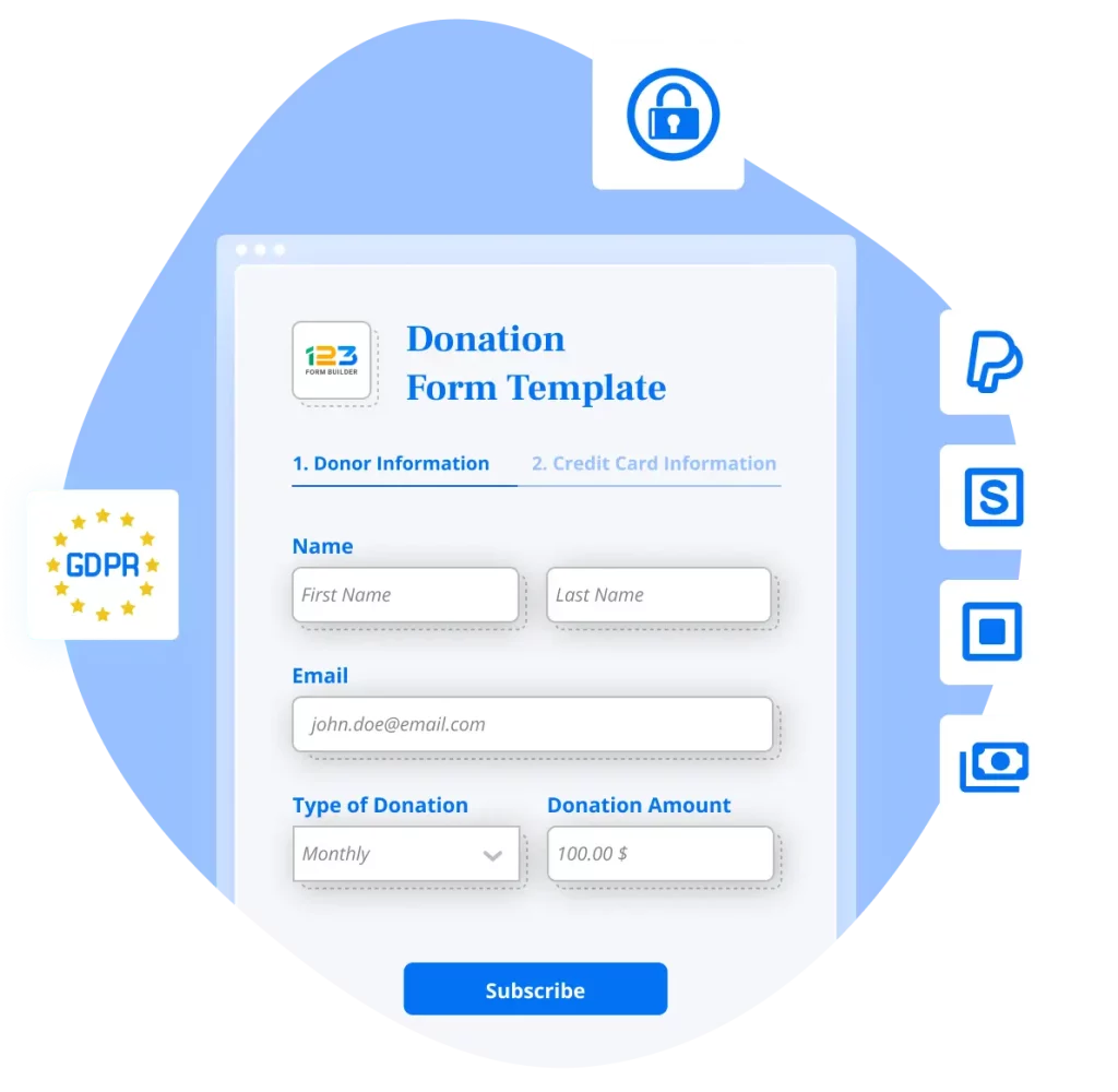 Image showing a 123FormBuilder form template with multiple payment processors options like PayPal, Stripe, Square and security features.
