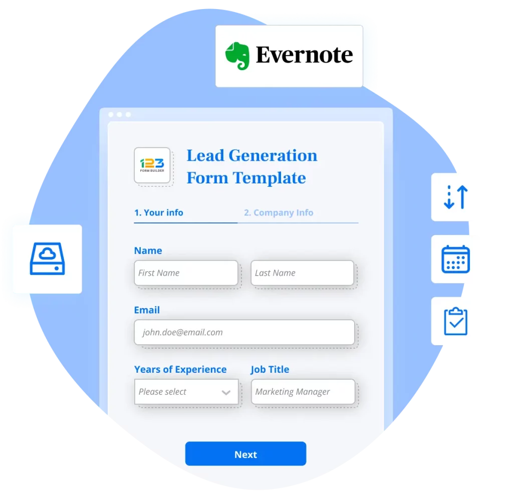 Image showing 123FormBuilder and Evernote integration with multiple use-cases like automatic data transfer, reminders for events and appointments, tasks assignation for your team,  and cloud storage.