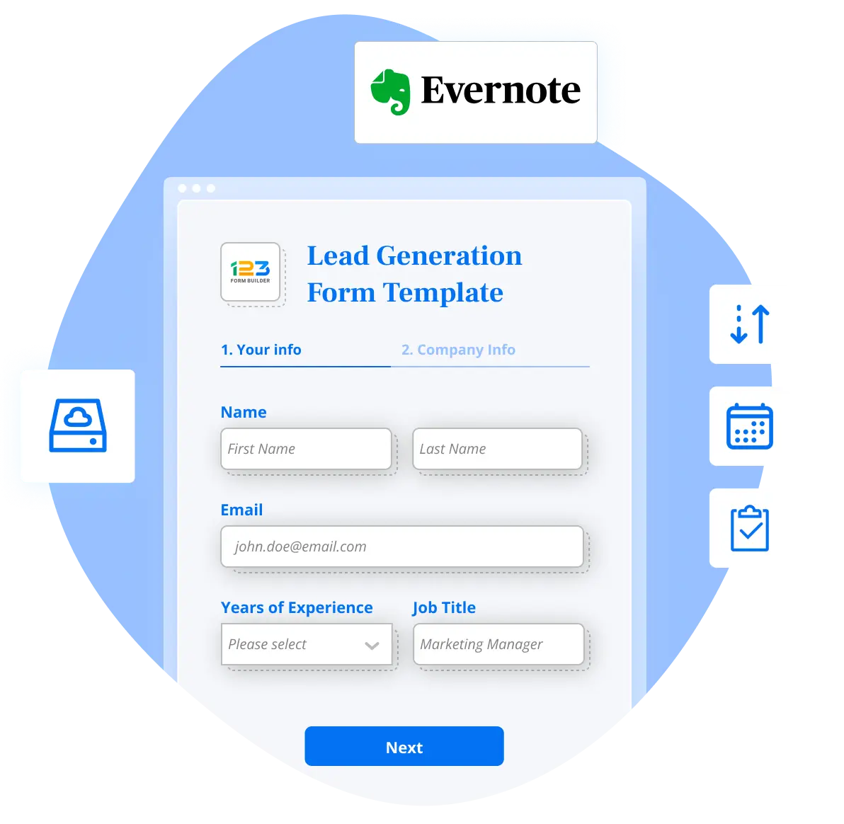 Image showing 123FormBuilder and Evernote integration with multiple use-cases like automatic data transfer, reminders for events and appointments, tasks assignation for your team, and cloud storage.