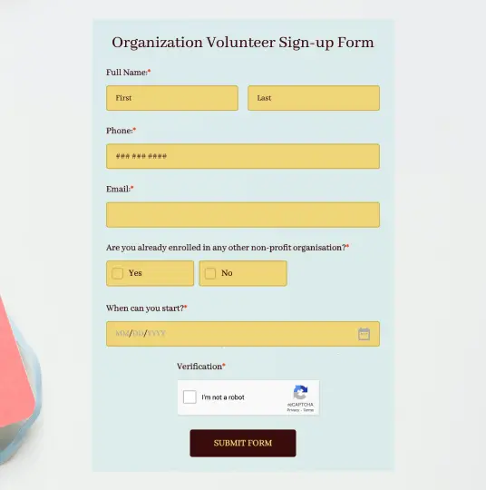 Organization volunteer sign up form