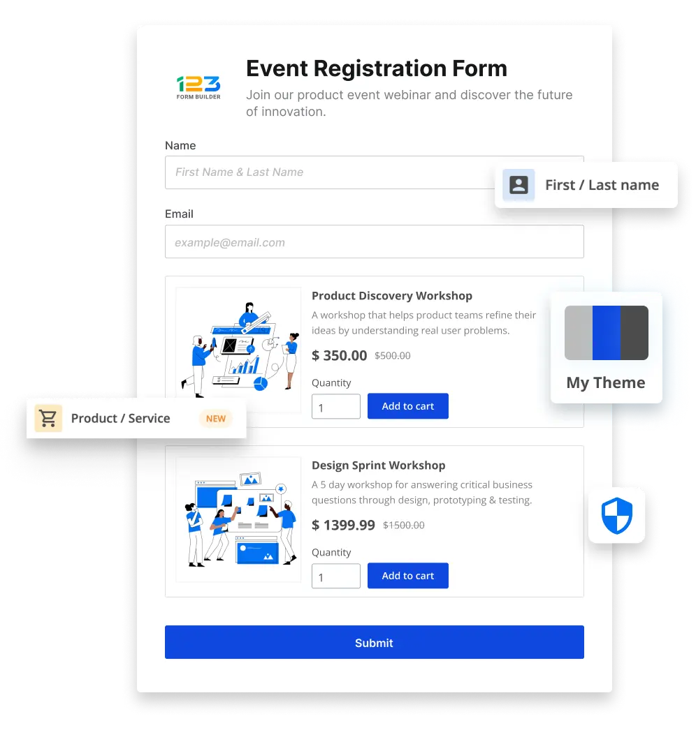 Image showing a 123FormBuilder Event Registration Form Template with multiple features including different form fields, security options and design