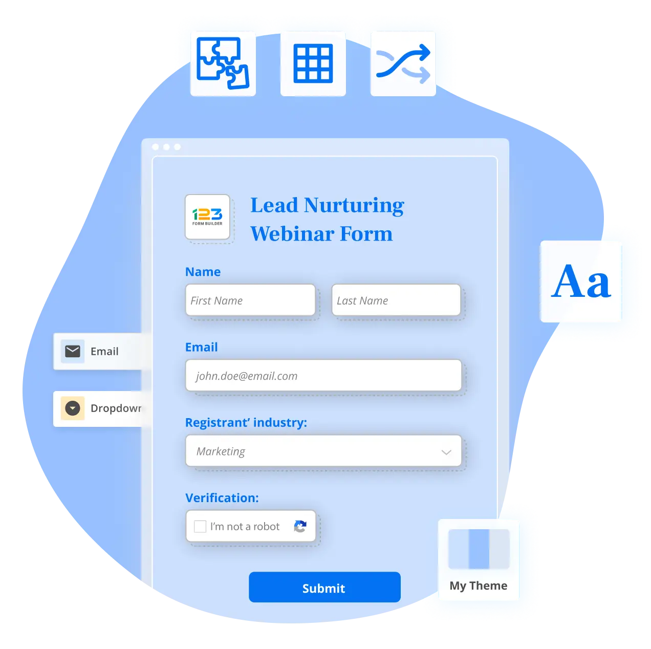 Image showing a 123FormBuilder lead nurturing webinar form template with multiple customization option