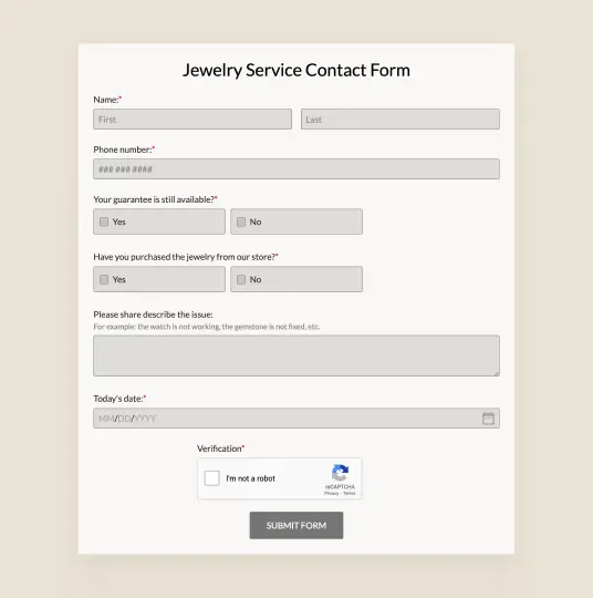 Jewelery Service Contact Form