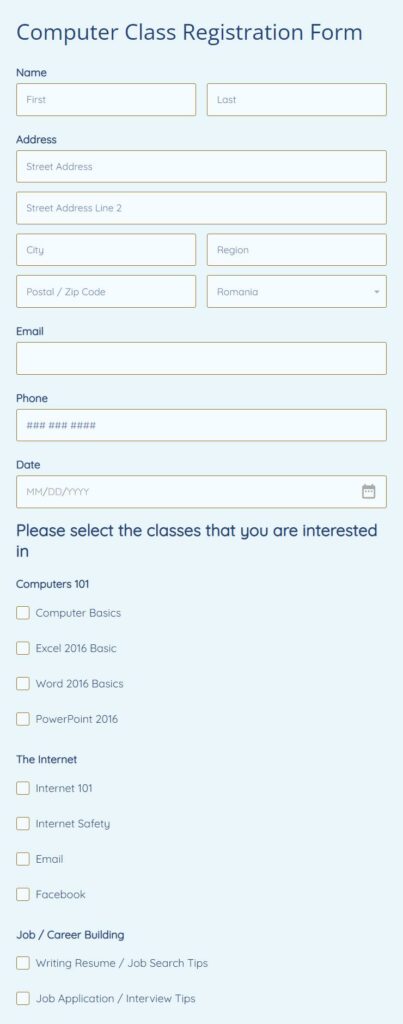 computer class registration form