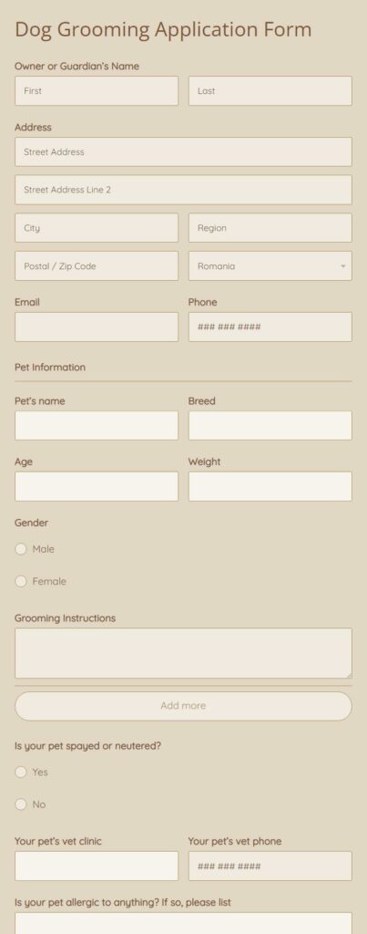dog grooming application form