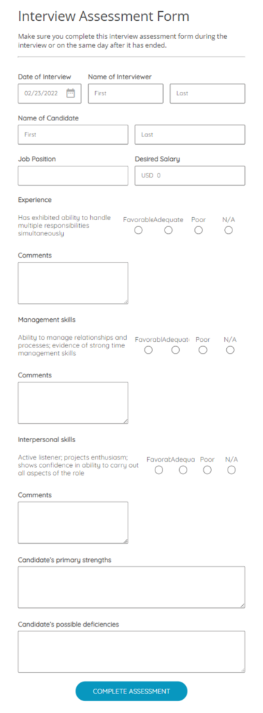 job interview assessment form 