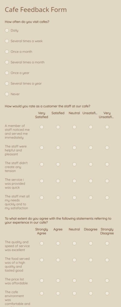 cafe feedback form template