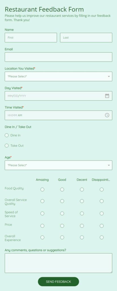 restaurant feedback form template