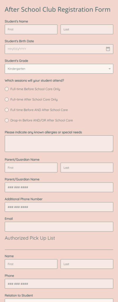 After School Club Registration Form