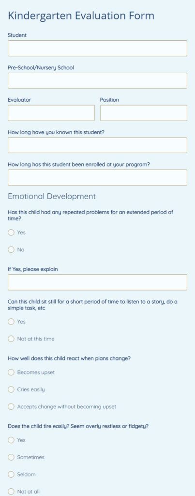 kindergarten evaluation form