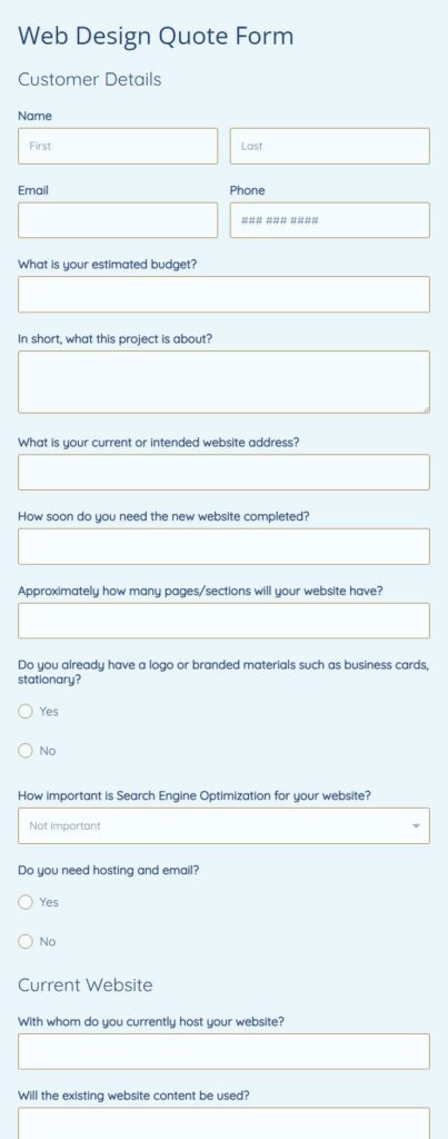 web design quote form template