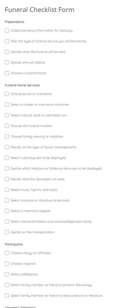 Funeral Checklist Form