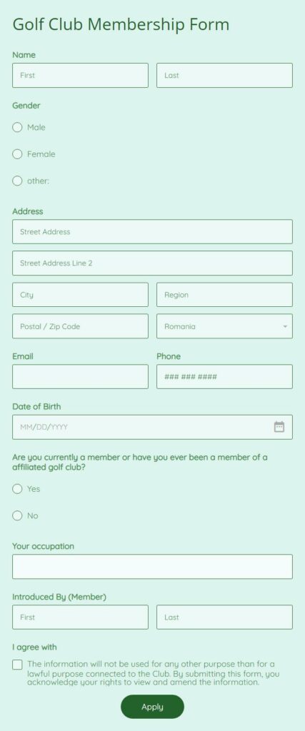 Golf Club Membership Form