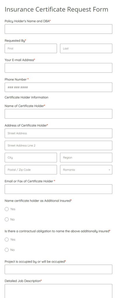Insurance Certificate Request Form