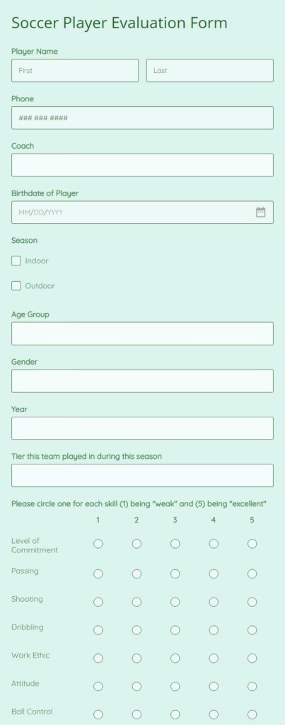Soccer Player Evaluation Form