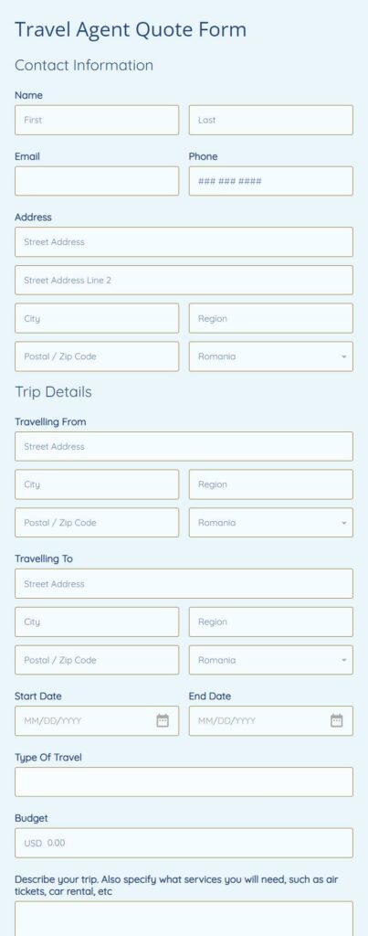 Travel Agent Quote Form