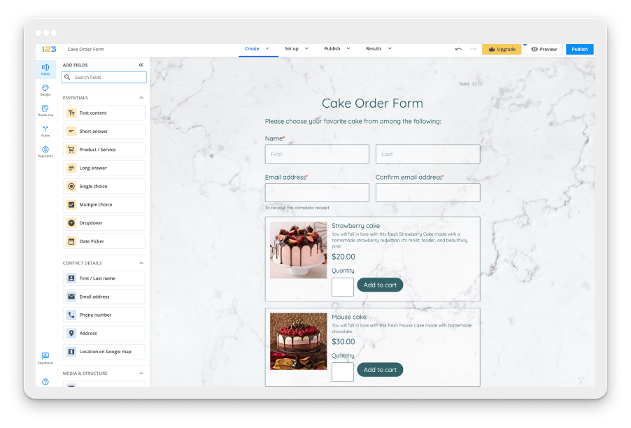 image showing a cake order form template created with 123FormBuilder