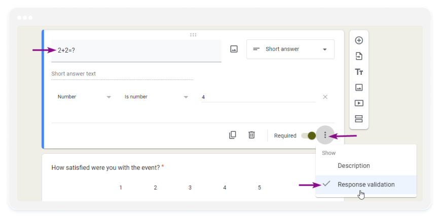 image showing how to create a response validation in Google Forms