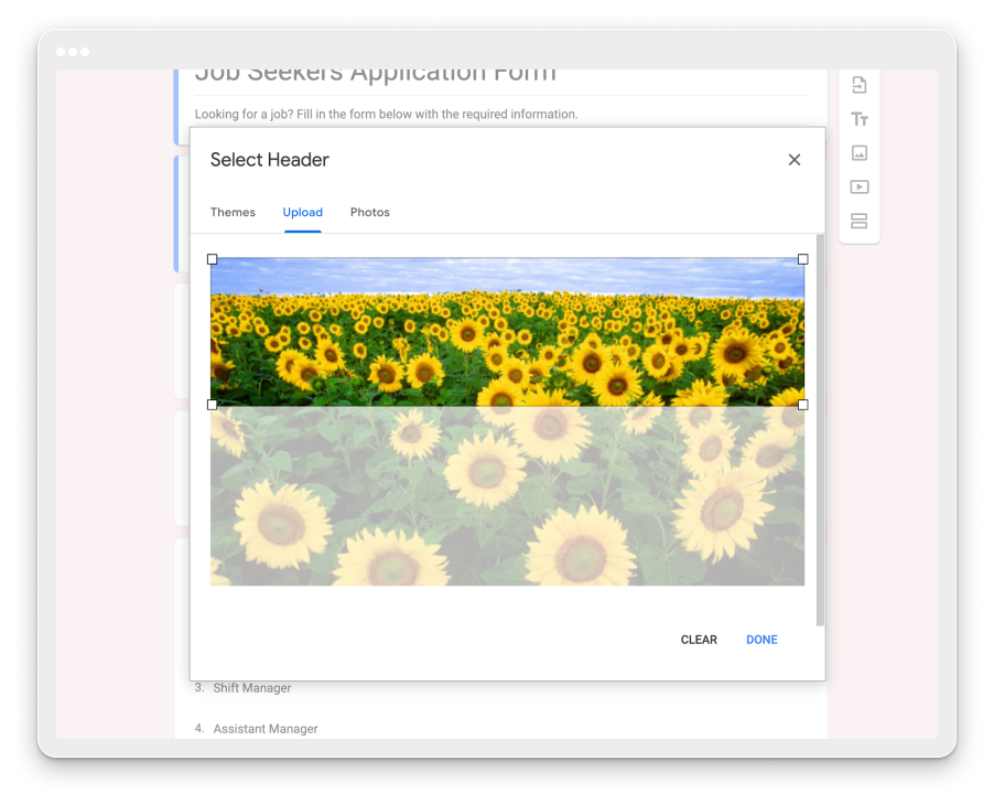 image showing how to upload and crop an image header in google forms