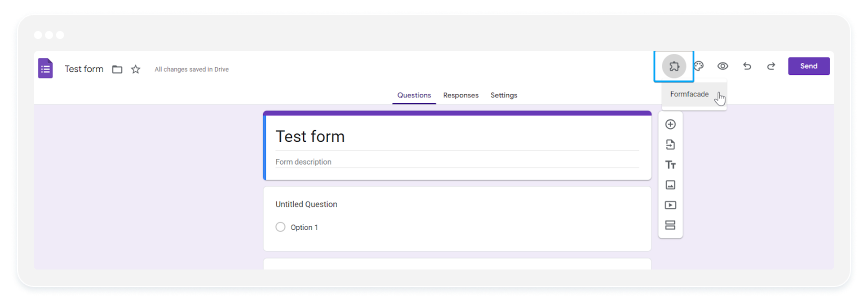 image showing how to access Formfacade add-on in a  google form
