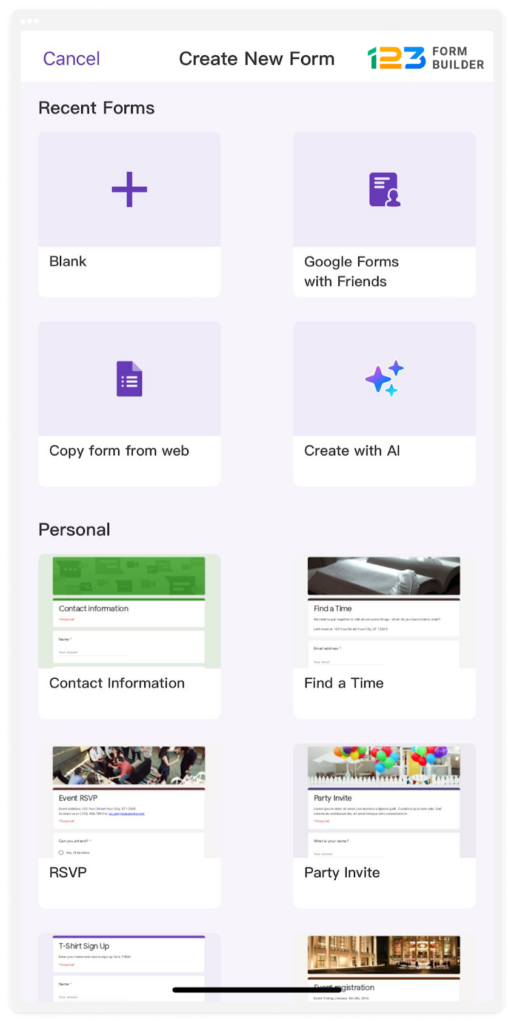 image showing the form template gallery in Google forms on a mobile device