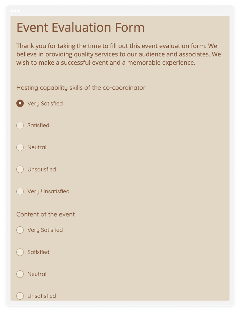 image showing an event evaluation form template created with 123formbuilder