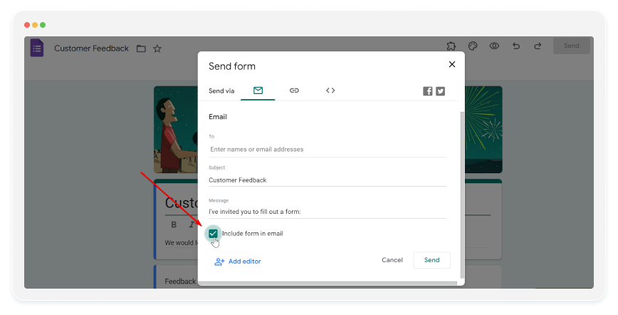 image showing how to include a google form in an email 