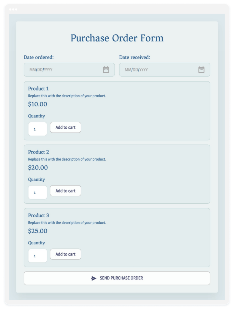 image showing a purchase order form created with 123formbuilder