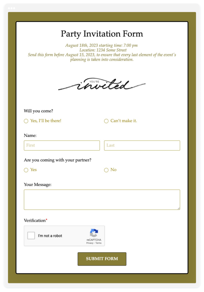 image showing a party invitation form template created with 123formbuilder