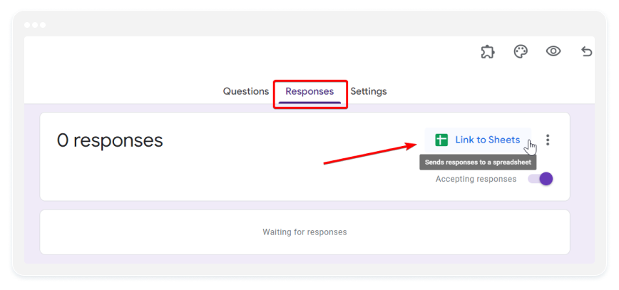 image showing the Responses tab in  Google forms and option to send responses to a spreadsheet