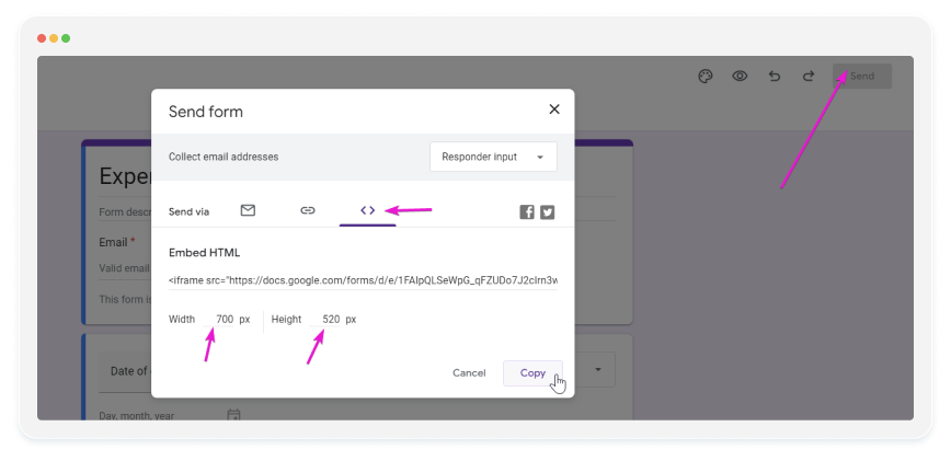 image showing the embed html code in google forms