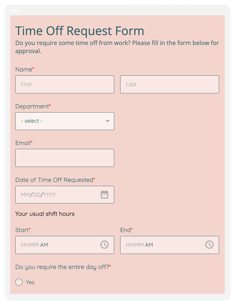 image showing a time off request form template 