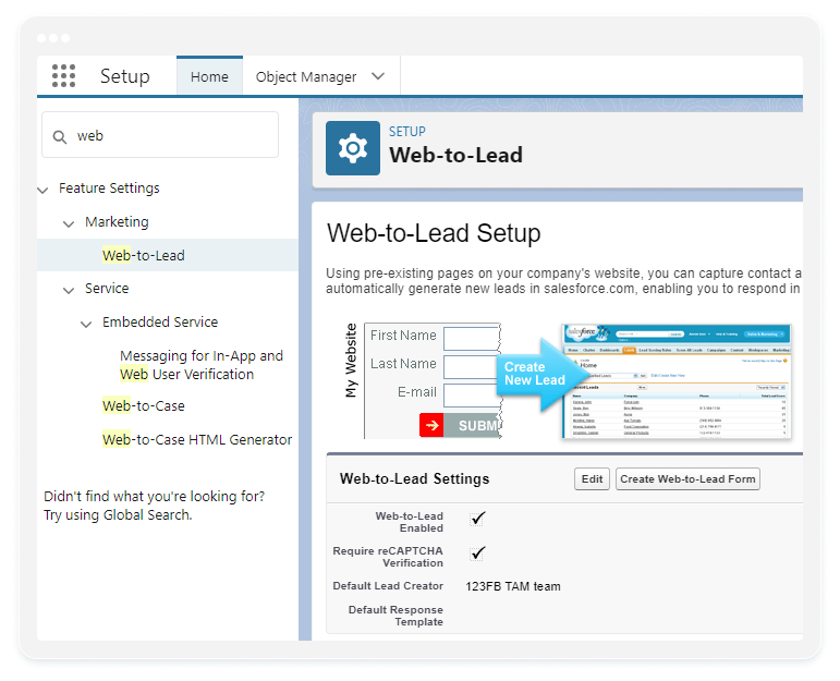 image showing web-to-lead setup in Salesforce