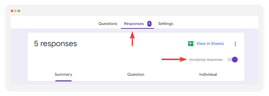 image showing the responses tab in google forms